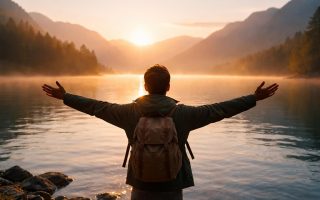 personne-bras-ouverts-lac-montagnes