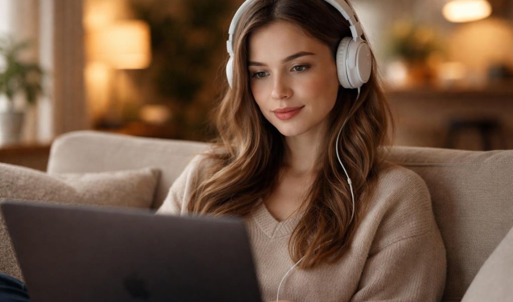 femme-ecouteurs-ordinateur-salon-moderne