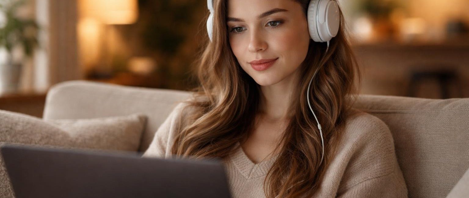 femme-ecouteurs-ordinateur-salon-moderne